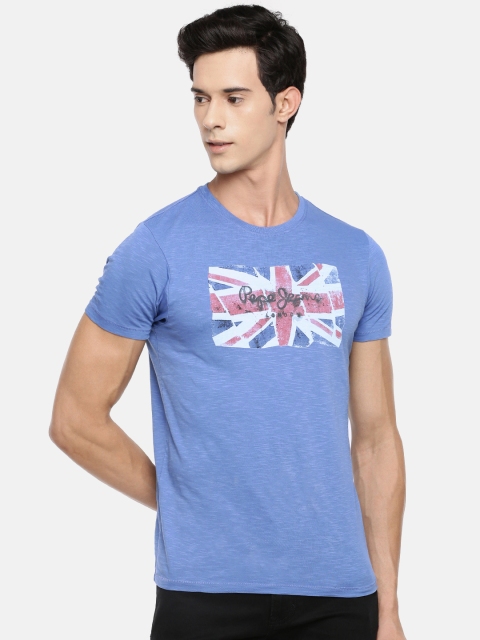 

Pepe Jeans Men Blue Printed Round Neck Pure Cotton T-shirt