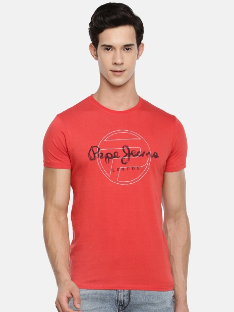 

Pepe Jeans Men Red Printed Round Neck Pure Cotton T-shirt