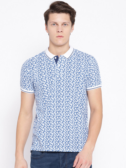 

Pepe Jeans Men White & Blue Printed Polo Collar T-shirt