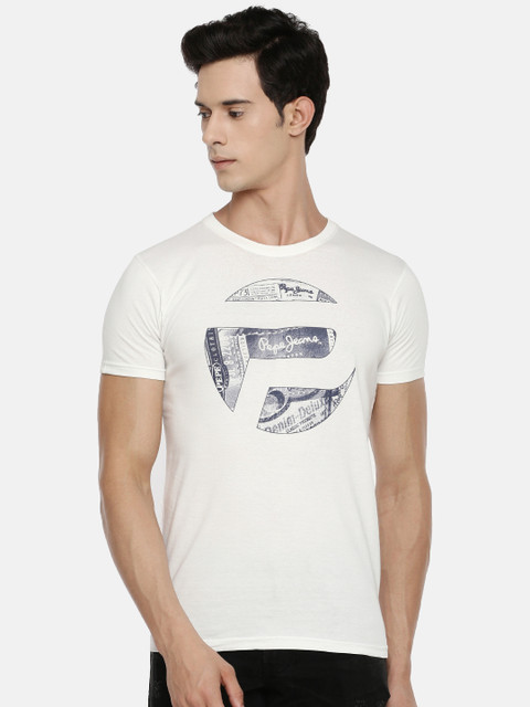 

Pepe Jeans Men White Printed Round Neck Pure Cotton T-shirt