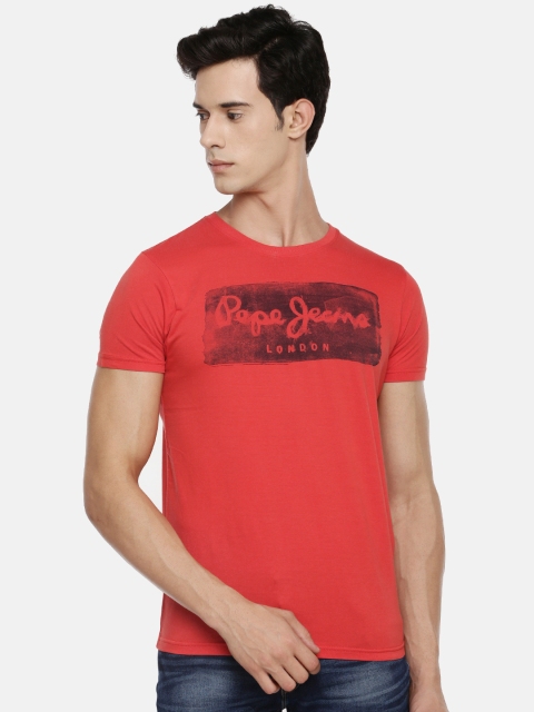 

Pepe Jeans Men Red Slim Fit Printed Round Neck Pure Cotton T-shirt