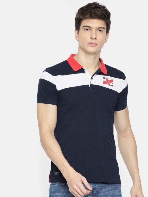 

Pepe Jeans Men Navy Blue White Striped Polo Collar Pure Cotton T-shirt