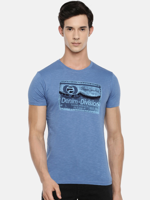 

Pepe Jeans Men Blue Printed Round Neck Pure Cotton T-shirt