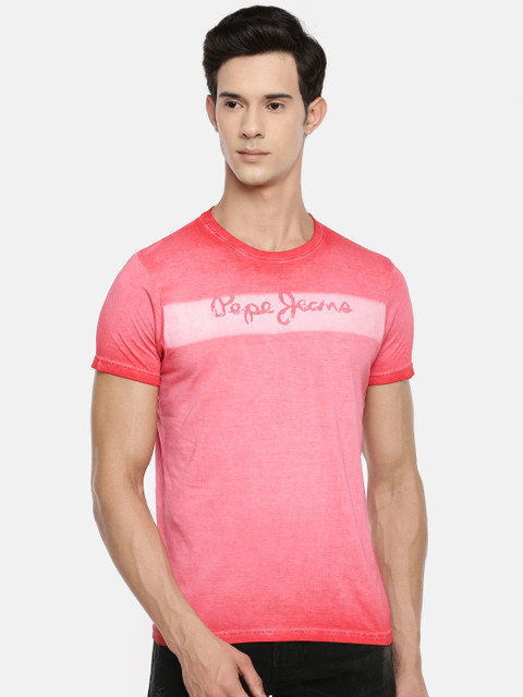

Pepe Jeans Men Pink Printed Round Neck Pure Cotton T-shirt