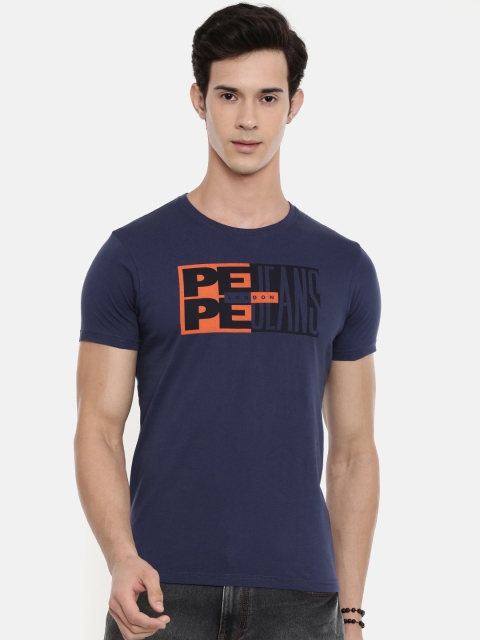 

Pepe Jeans Men Navy Blue Printed Round Neck Pure Cotton T-shirt