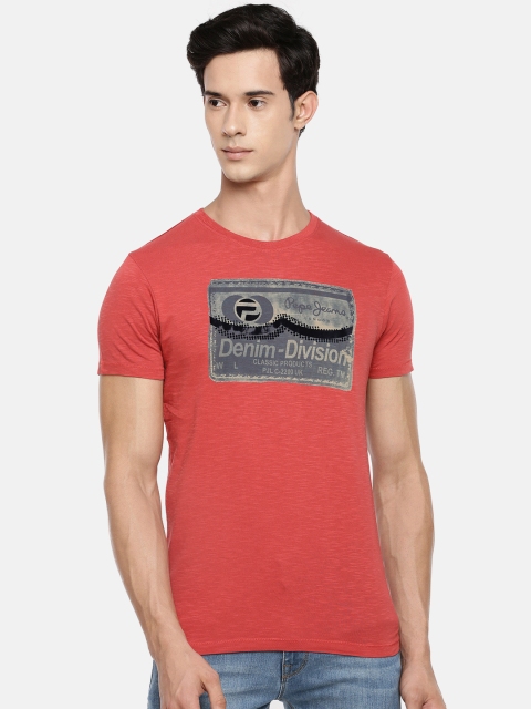 

Pepe Jeans Men Rust Printed Round Neck Pure Cotton T-shirt