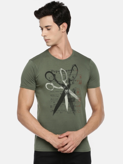 

Pepe Jeans Men Olive Green Printed Round Neck Pure Cotton T-shirt