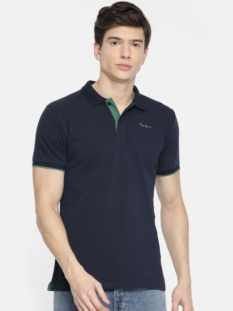 

Pepe Jeans Men Navy Blue Solid Polo Collar Pure Cotton T-shirt