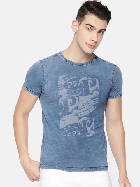 

Pepe Jeans Men Blue Slim Fit Printed Round Neck Pure Cotton T-shirt