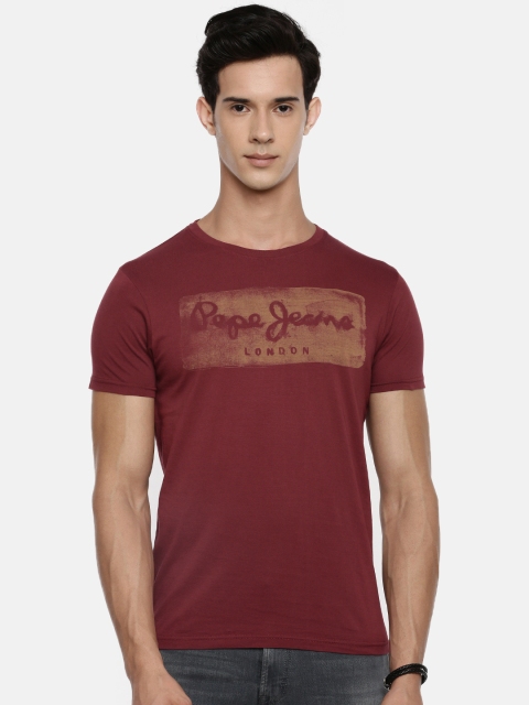 

Pepe Jeans Men Maroon Printed Round Neck Pure Cotton T-shirt