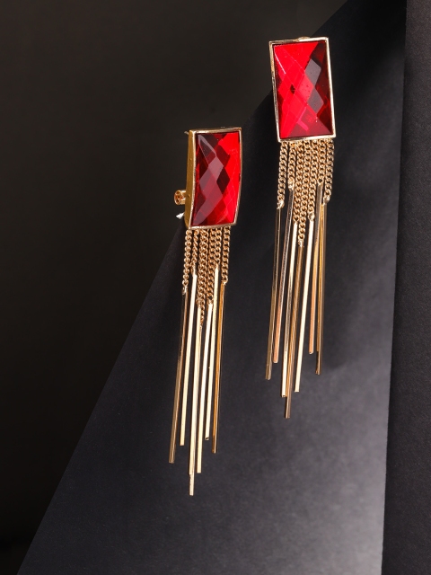 

PRITA Red Gold-Plated Stone-Studded Tasselled Geometric Drop Earrings