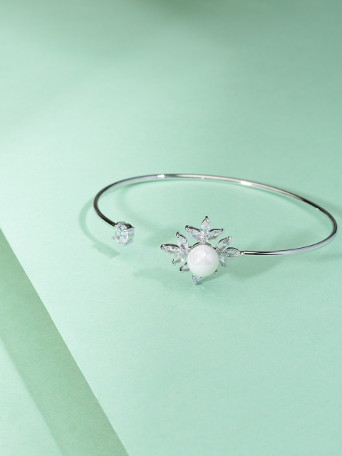 

Prita White Silver-Plated Stone-Studded Handcrafted Adjustable Cuff Bracelet