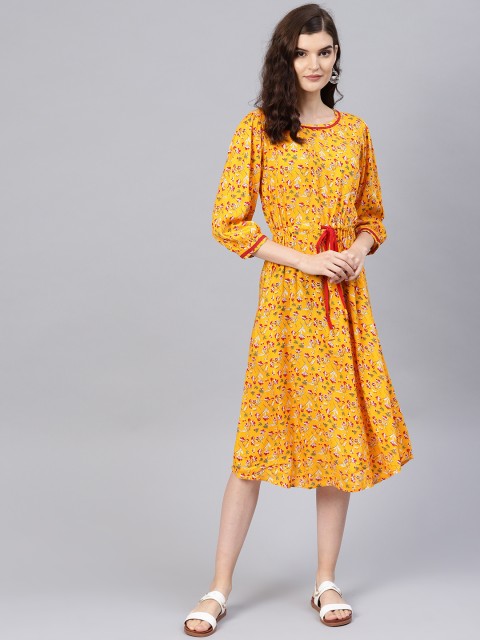 

Tulsattva Women Mustard Yellow & Red Floral Printed A-Line Dress