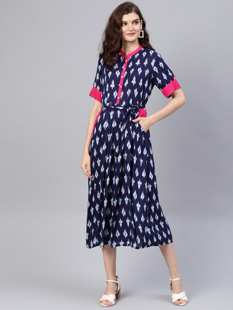 

Tulsattva Women Navy Blue & White Ikat Printed A-Line Dress