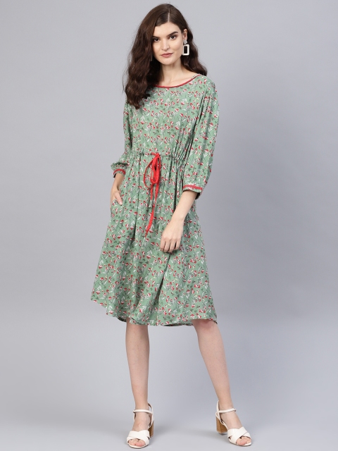 

Tulsattva Women Green & Red Floral Printed A-Line Dress