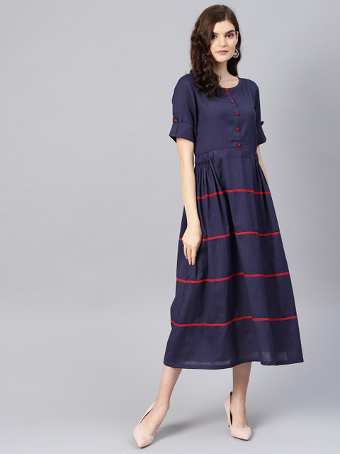 

Tulsattva Women Navy Blue & Red Striped A-Line Dress