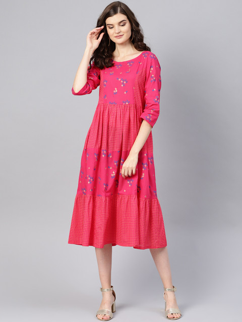 

Tulsattva Women Pink & Blue Floral Printed A-Line Dress