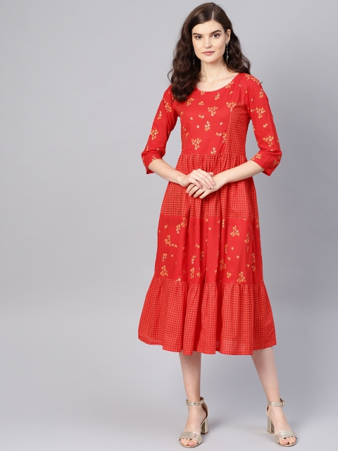 

Tulsattva Women Red & Orange Floral Printed Tiered A-Line Dress