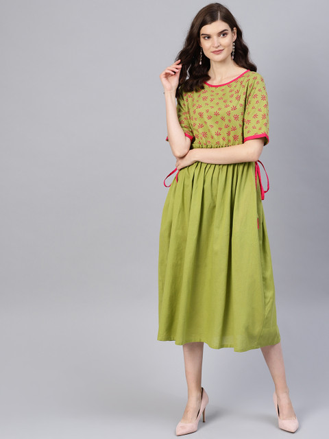 

Tulsattva Women Green & Pink Floral Printed A-Line Dress