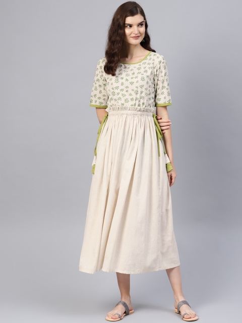 

Tulsattva Women Off-White & Green Floral Printed Fit and Flare Dress