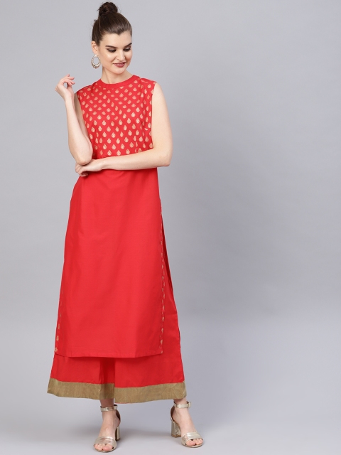 

Tulsattva Women Red & Golden Block Printed Yoke Design Kurta with Palazzos