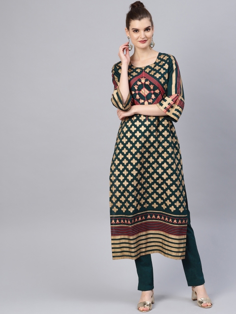 

Tulsattva Women Green & Golden Block Printed Kurta with Trousers