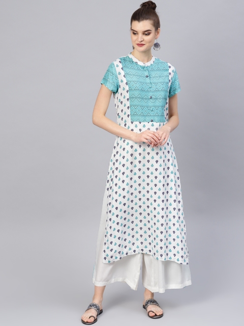 

Tulsattva Women White & Blue Printed Kurta with Palazzos
