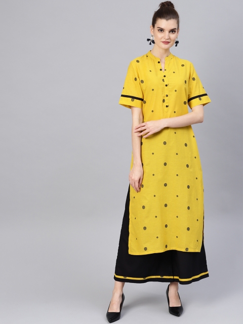 

Tulsattva Women Mustard Yellow & Black Self Design Kurta with Palazzos