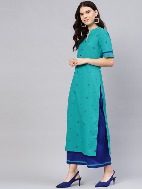 

Tulsattva Women Teal Green & Navy Blue Self Design Kurta with Palazzos