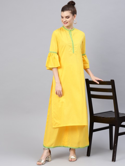 

Tulsattva Women Yellow Solid Straight Kurta with Palazzos