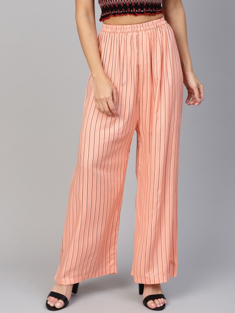

Jompers Women Peach-Coloured & Black Striped Straight Palazzos
