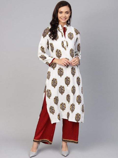 

Jompers Women White & Maroon Printed Straight Kurta