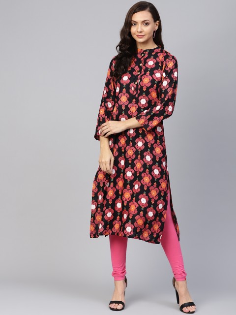 

Jompers Women Black & Pink Printed Straight Kurta