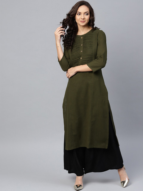 

Jompers Women Olive Green Solid Straight Kurta