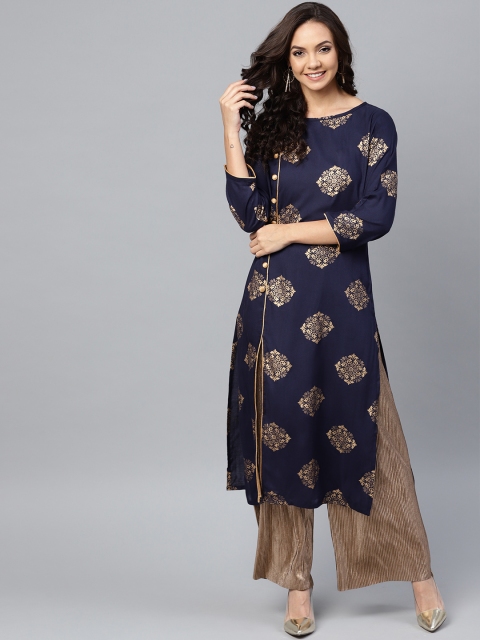 

Jompers Women Navy Blue & Gold-Toned Printed Straight Kurta