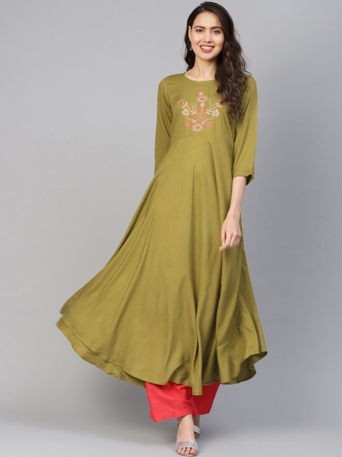 

Jompers Women Olive Green Yoke Design Anarkali Kurta