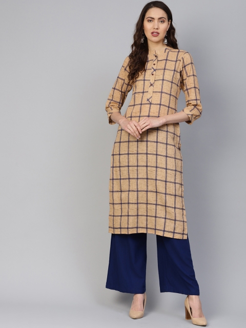 

Jompers Women Beige & Navy Blue Checked Straight Kurta