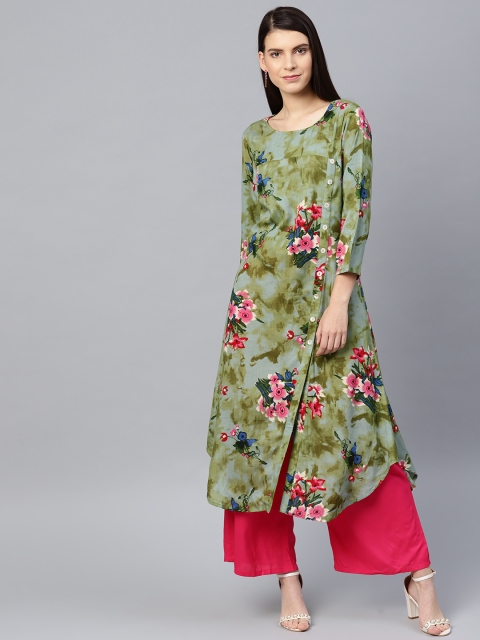 

Jompers Women Green & Pink Printed A-Line Kurta
