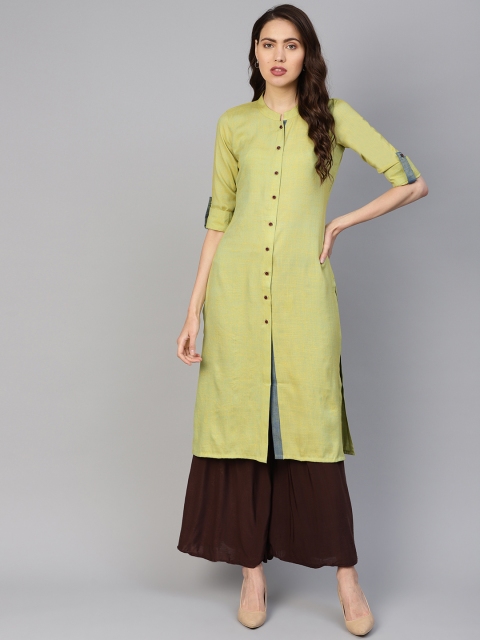

Jompers Women Green Woven Design Straight Kurta