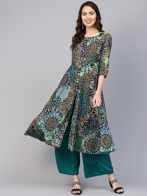 

Jompers Women Black & Green Printed A-Line Kurta