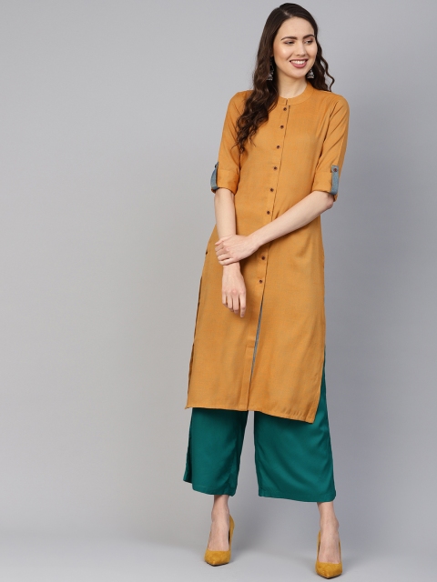

Jompers Women Mustard Yellow Solid Straight Kurta