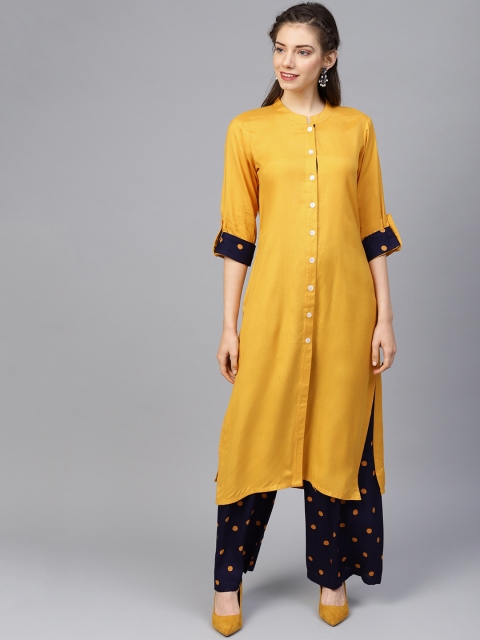 

Jompers Women Mustard Yellow & Navy Blue Solid Kurta with Palazzos