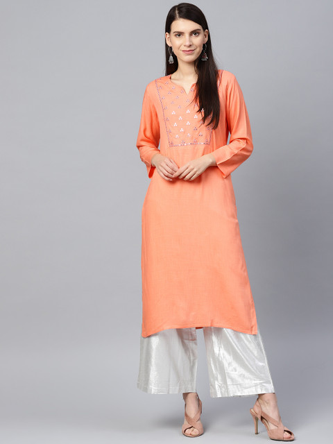

Jompers Women Peach-Coloured Yoke Design Straight Kurta