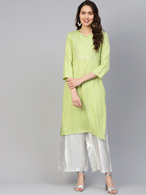 

Jompers Women Lime Green Yoke Design Straight Kurta
