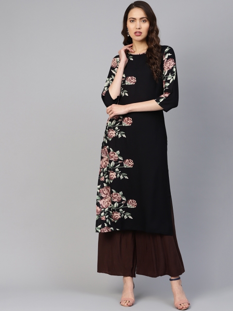

Jompers Women Black & Pink Printed Straight Kurta