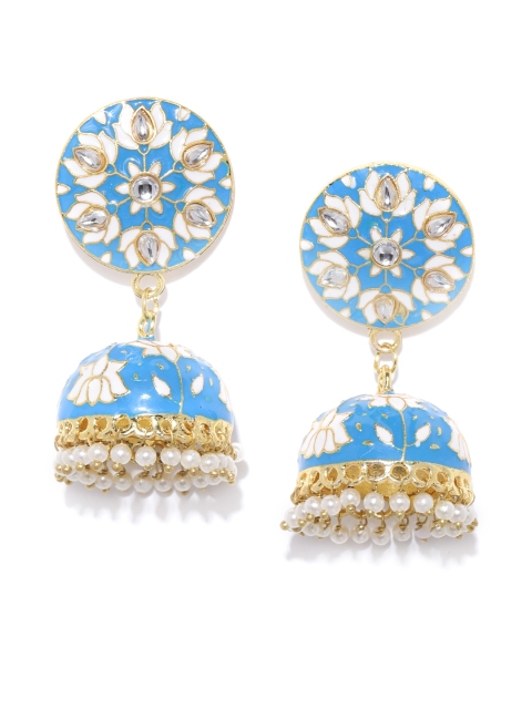 

Sanara Blue & White Gold-Plated Handcrafted Kundan-Studded Jhumkas