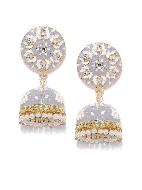 

Sanara Grey & White Gold-Plated Handcrafted Kundan-Studded Jhumkas