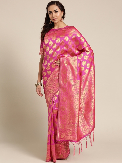 

Saree mall Pink & Golden Woven Design Dharmavaram Saree