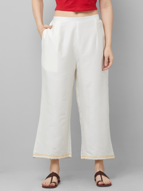 

Indo Era Women White Hem Design Straight Palazzos