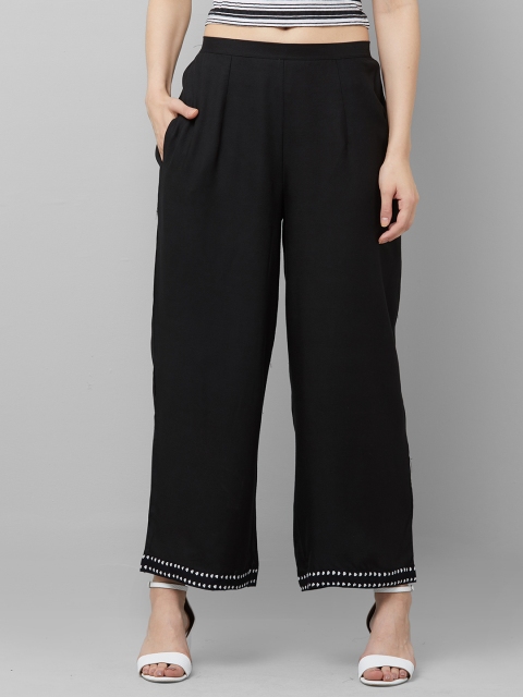 

Indo Era Women Black Hem Design Straight Palazzos
